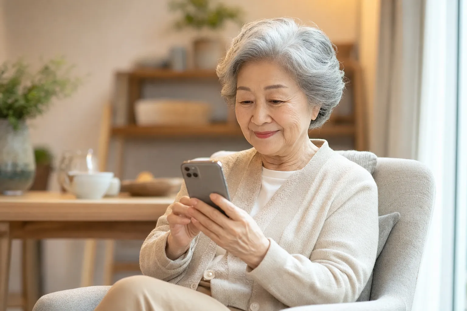 A woman in her 70s starting a voice conversation on her smartphone