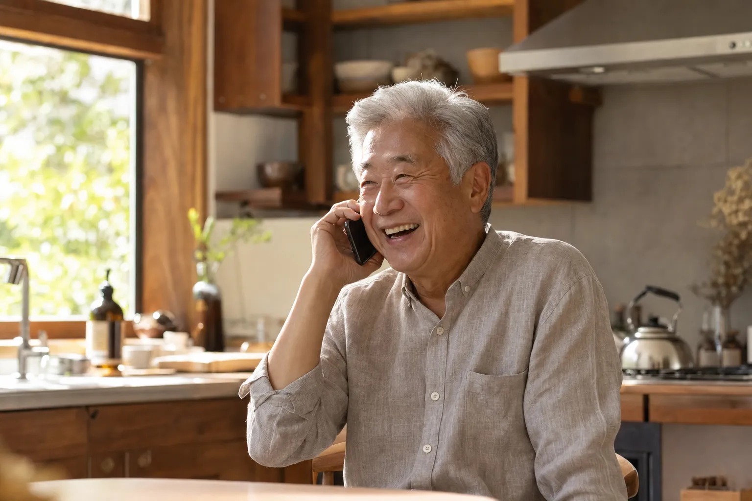 A man in his 70s laughing warmly during a call