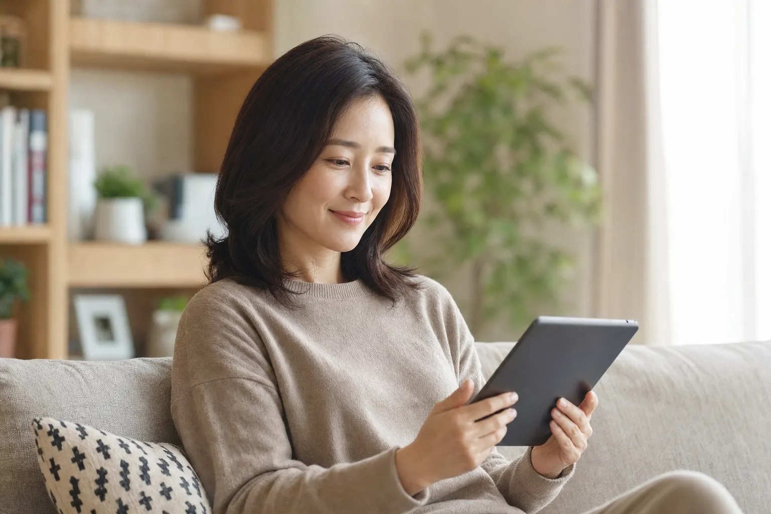 An adult daughter reassured while reading a wellbeing report on a tablet